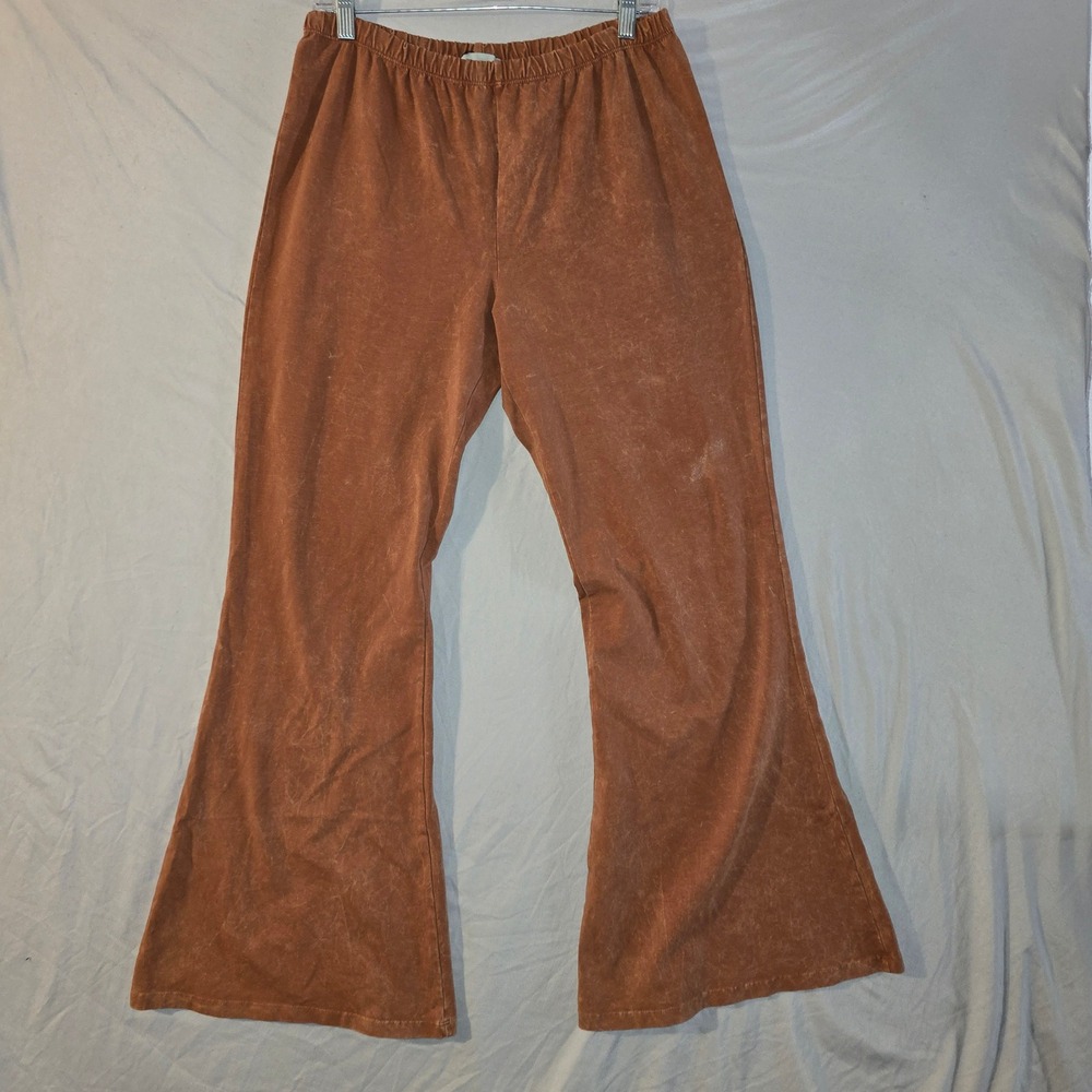 Chatoyant Flare Pants L Womens Rust Mineral Wash Elastic Waist High Rise New